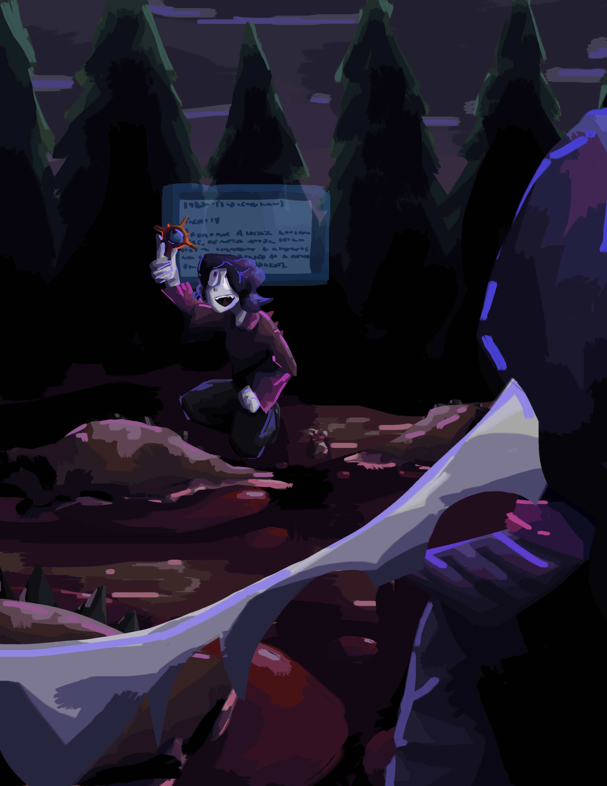 Ari stares at Bia while the latter holds up a drained lesser Governance core. Crienbeast corpses litter the ground.