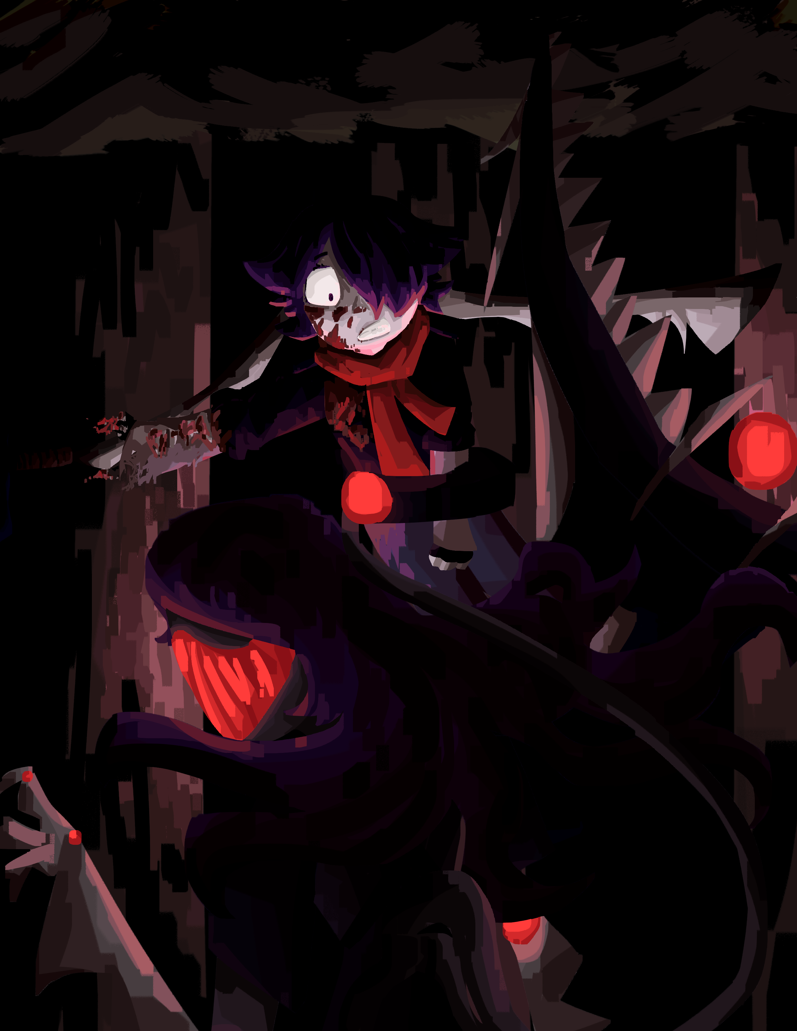Grim pins Ari to a tree with a claw.