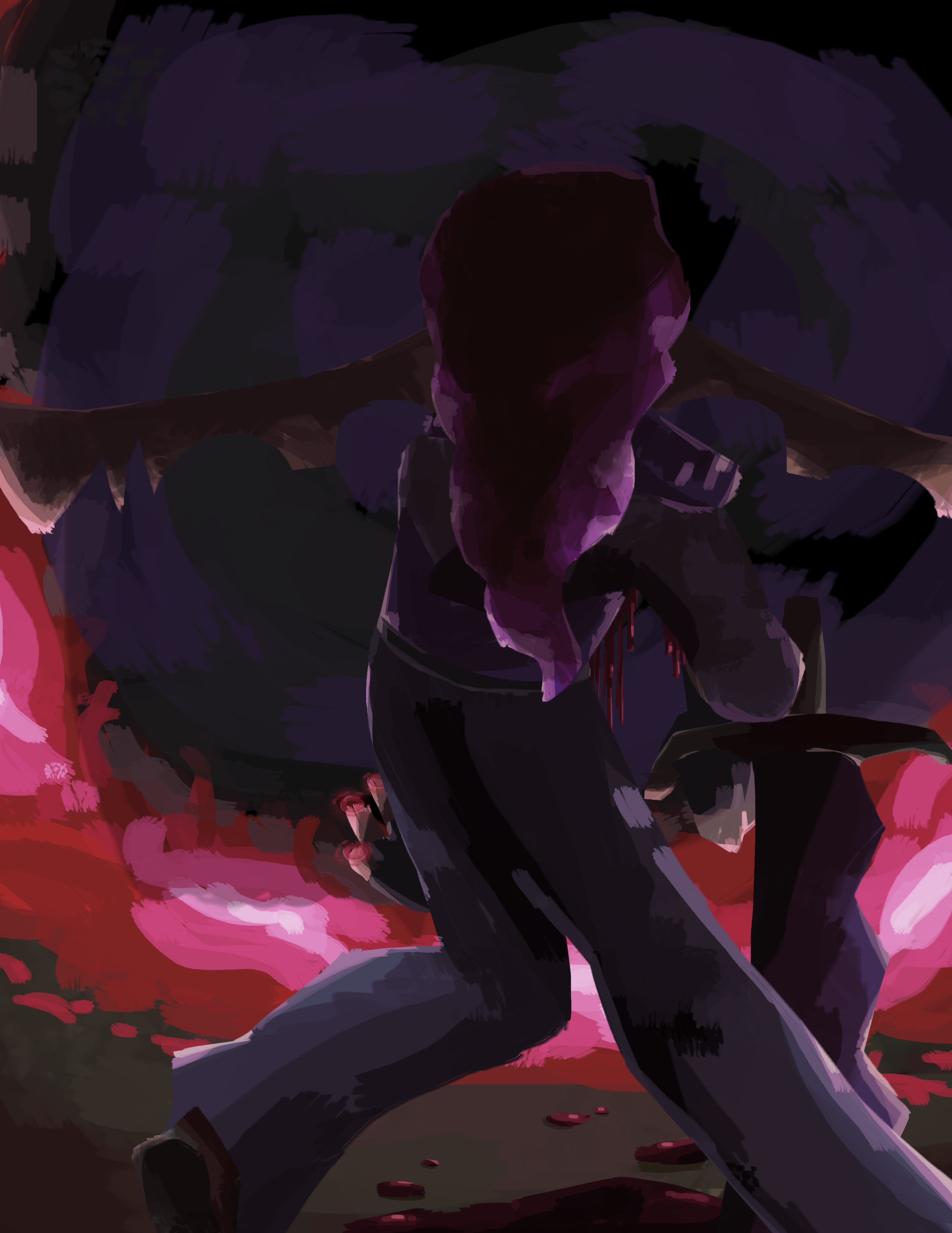 Ari hunches over her sword, staggering towards a portal as blood drips from her chest.