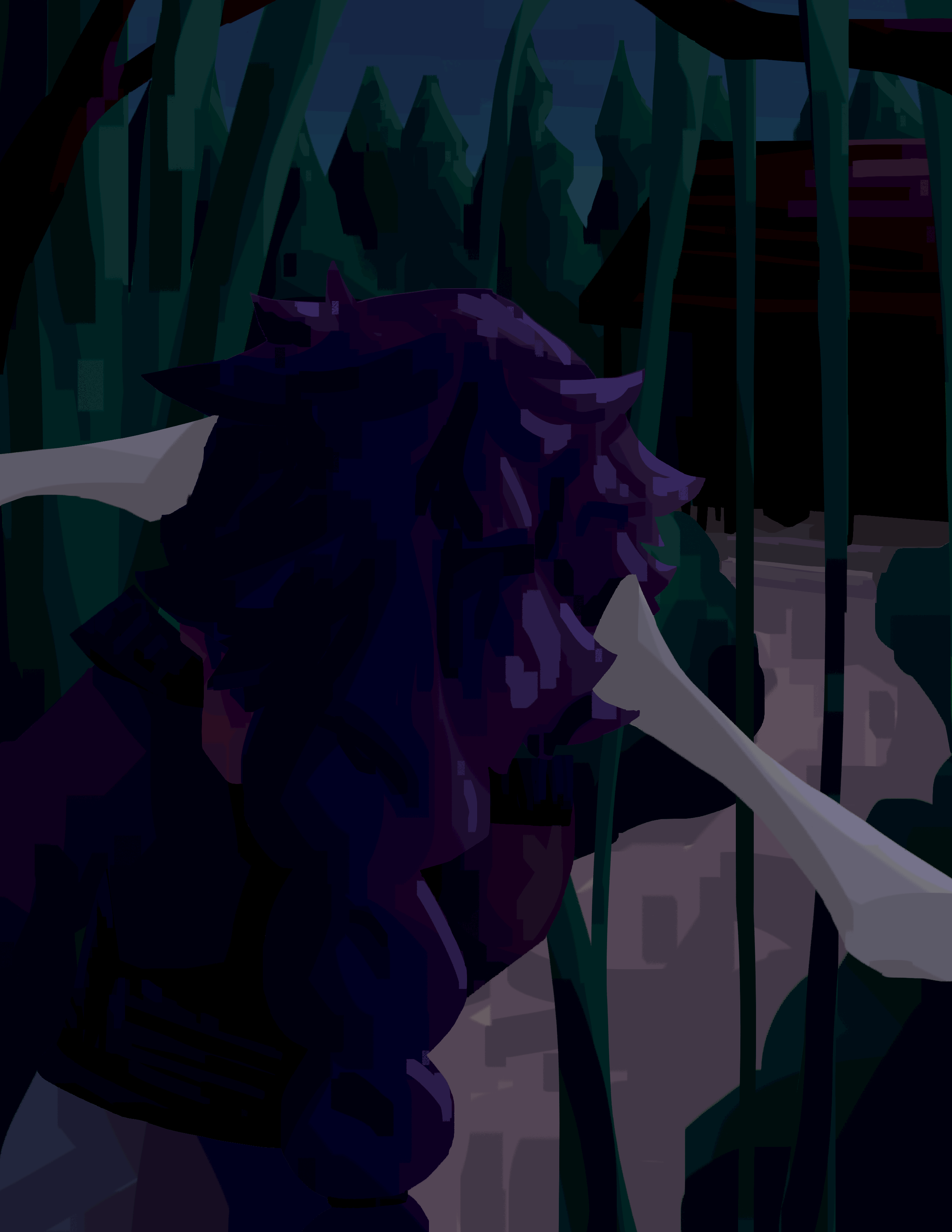 Ari peeks at Duskir's cabin through some vines