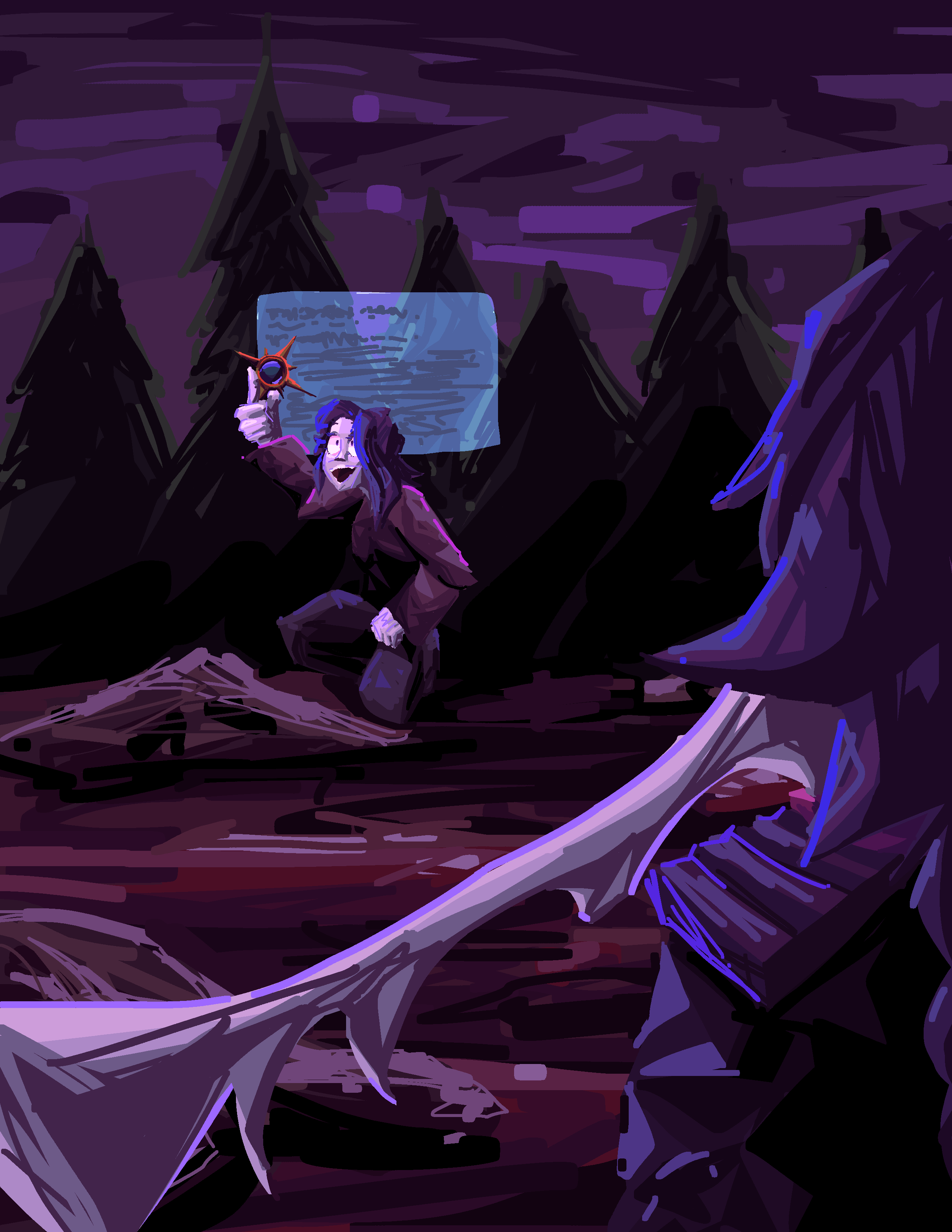 Ari stares at Bia while the latter holds up a drained lesser Governance core. Crienbeast corpses litter the ground.