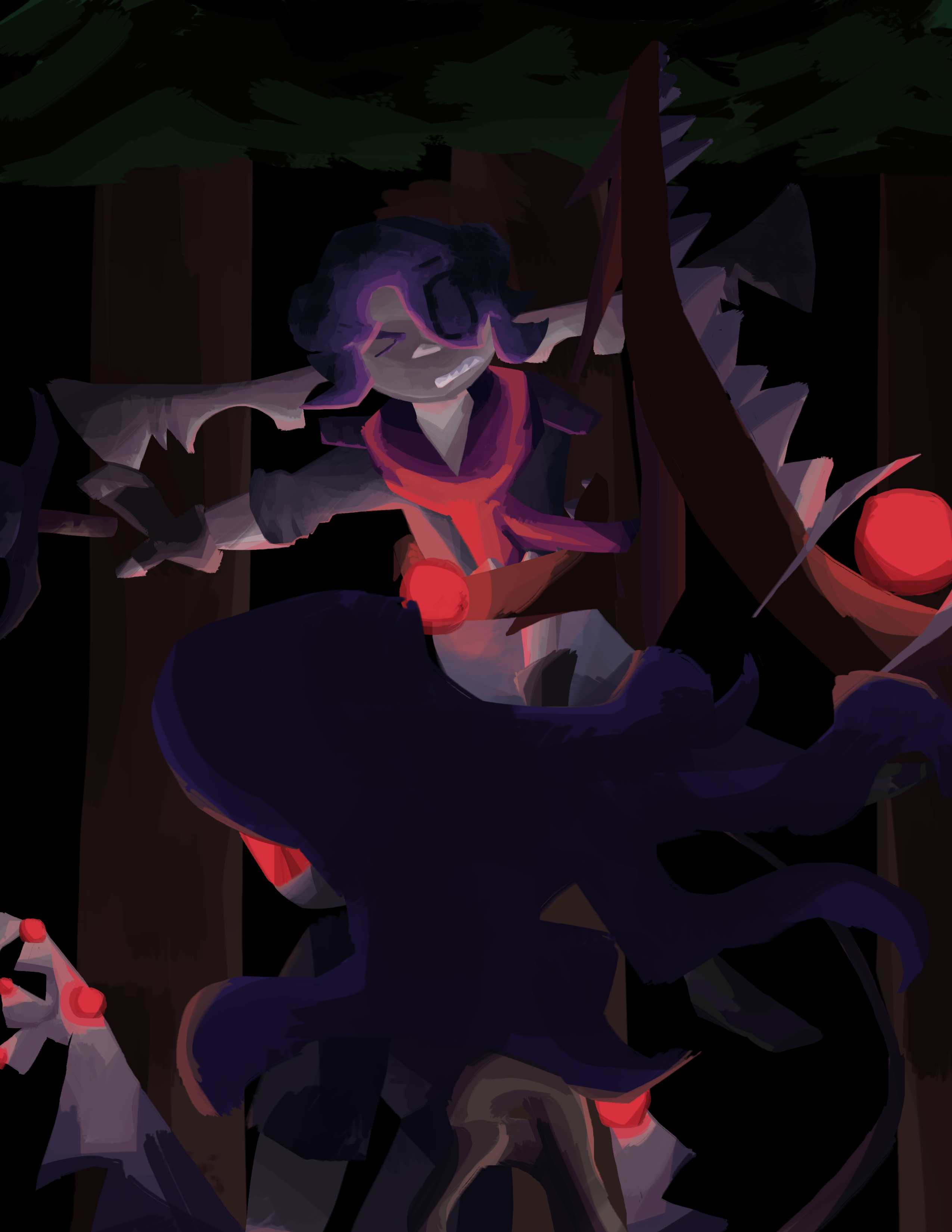 Grim pins Ari to a tree with a claw.