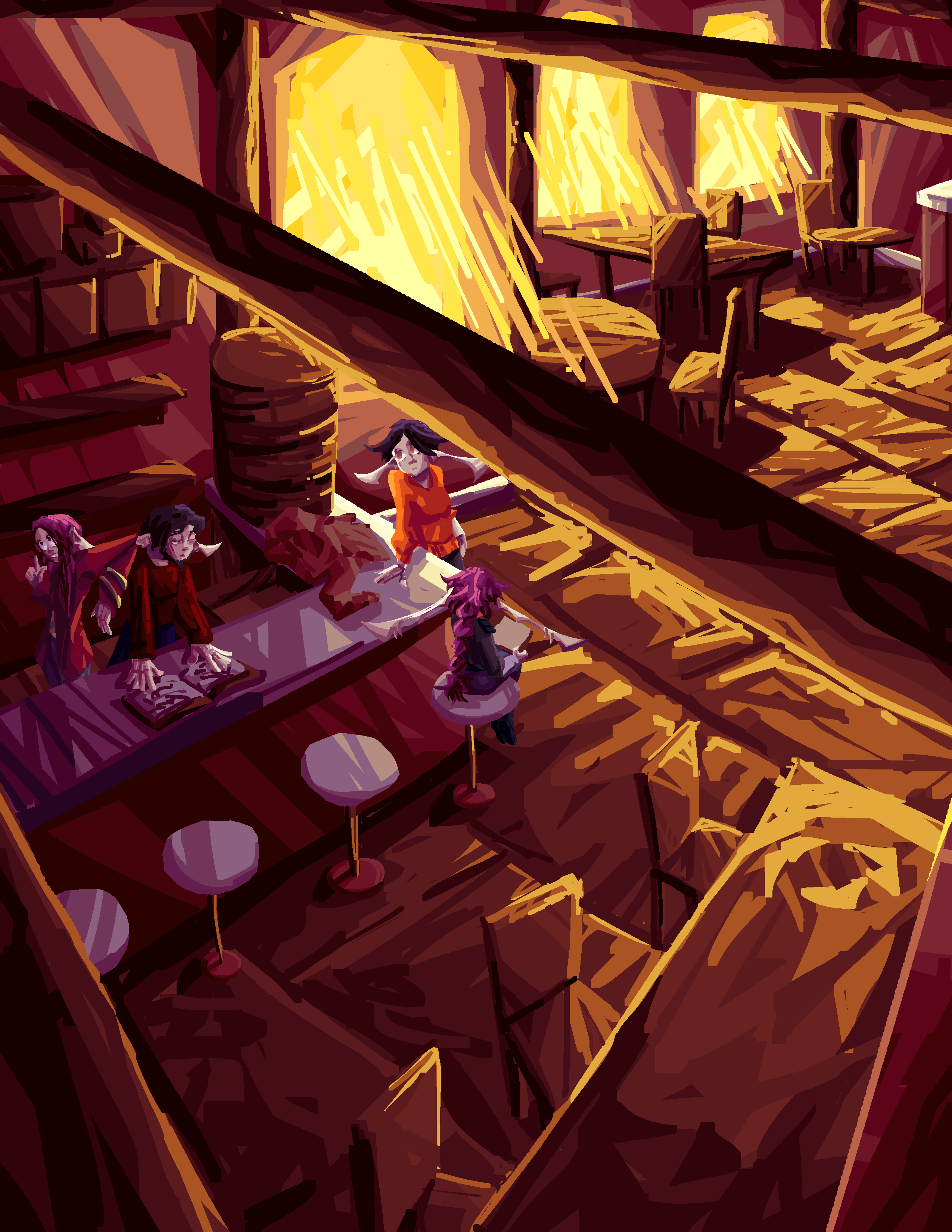 Ari, Rosa, Dan, and Bia in the inn.